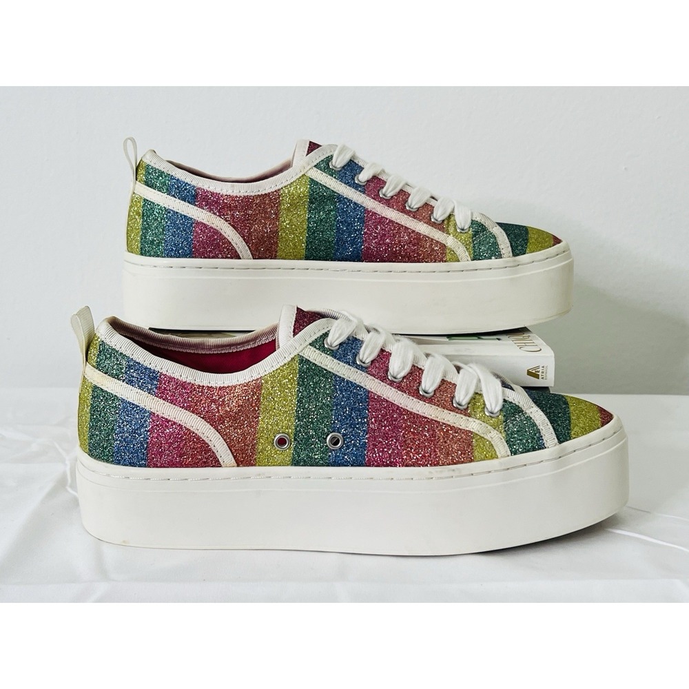 Zara Womens Rainbow Platform Sneakers Lace Up‎  Shoes Striped Shimmer EU 37 US 7